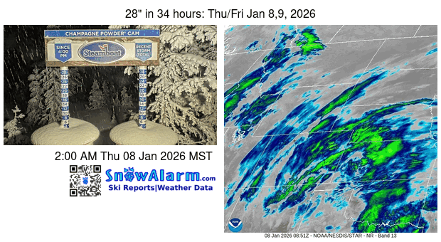 34 hour time lapse of the Steamboat Powdercam and the infra-red satellite when twenty-eight inches of snow fell between 2 am Thursday, January 8th 2026  and noon on Friday at the top of Sunshine Peak at 10,384'