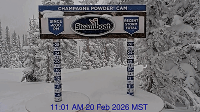 Steamboat Powdercam time lapse showing 10" in 4 hours between 11 am and 3 pm on Friday, February 20, 2026