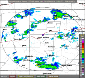 Grand Junction radar loop at 5:09pm, 5:28pm, 5:48pm and 6:13pm