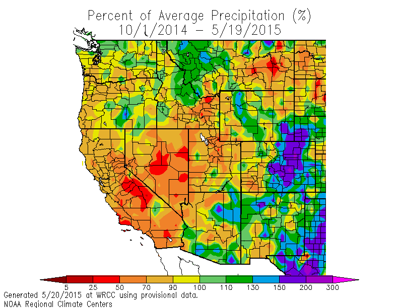 Snotel percent of average for the water year 2014-2015 on 19May2015