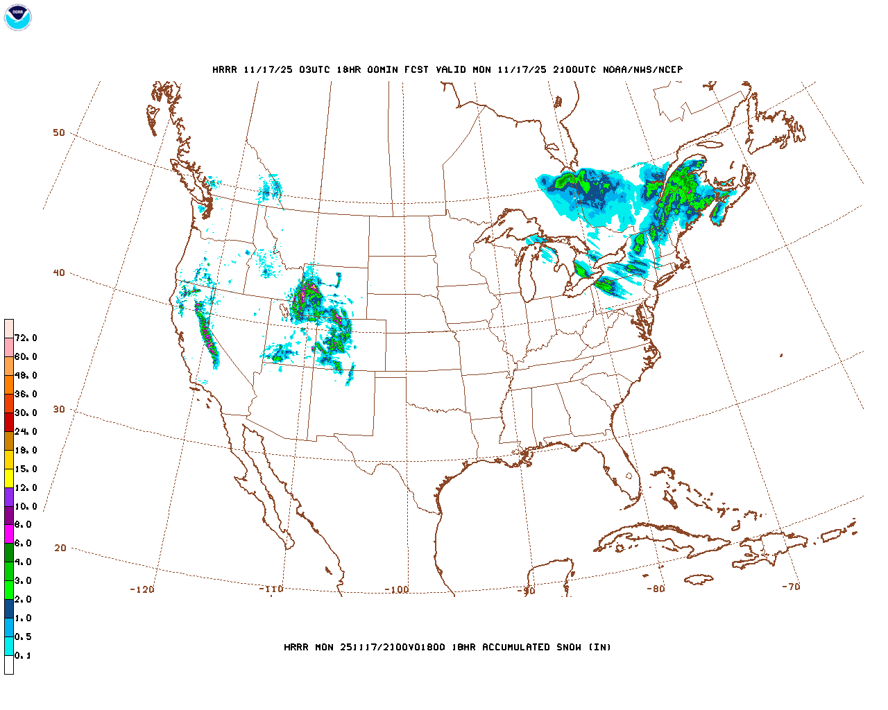 Click to enlarge the hourly snow forecast Latest 18 hour total precipitation forecast