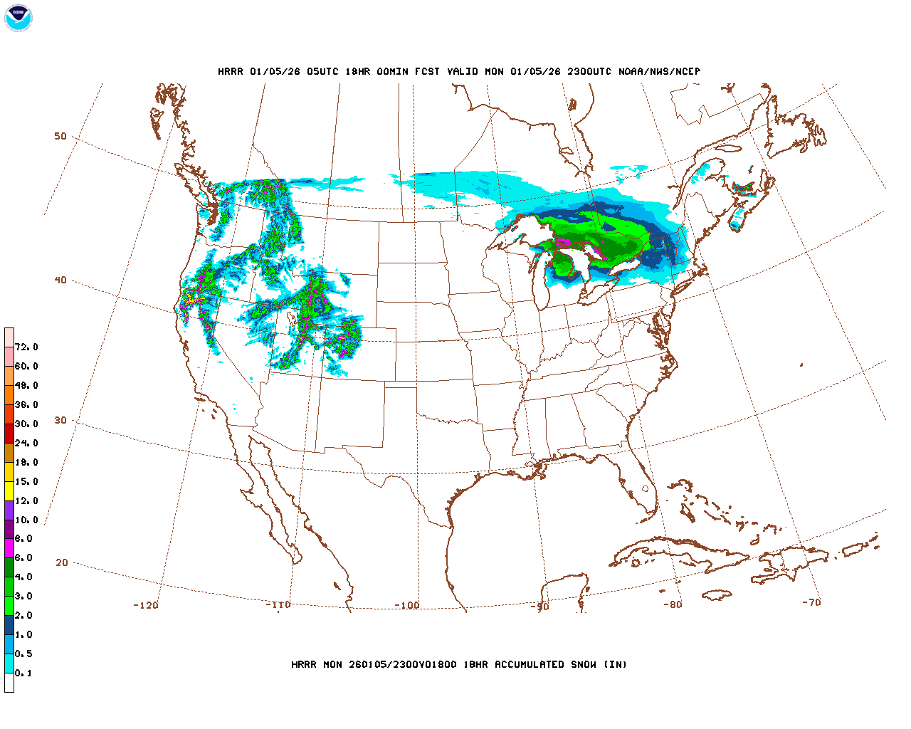 Click to enlarge the hourly snow forecast Latest 18 hour total precipitation forecast