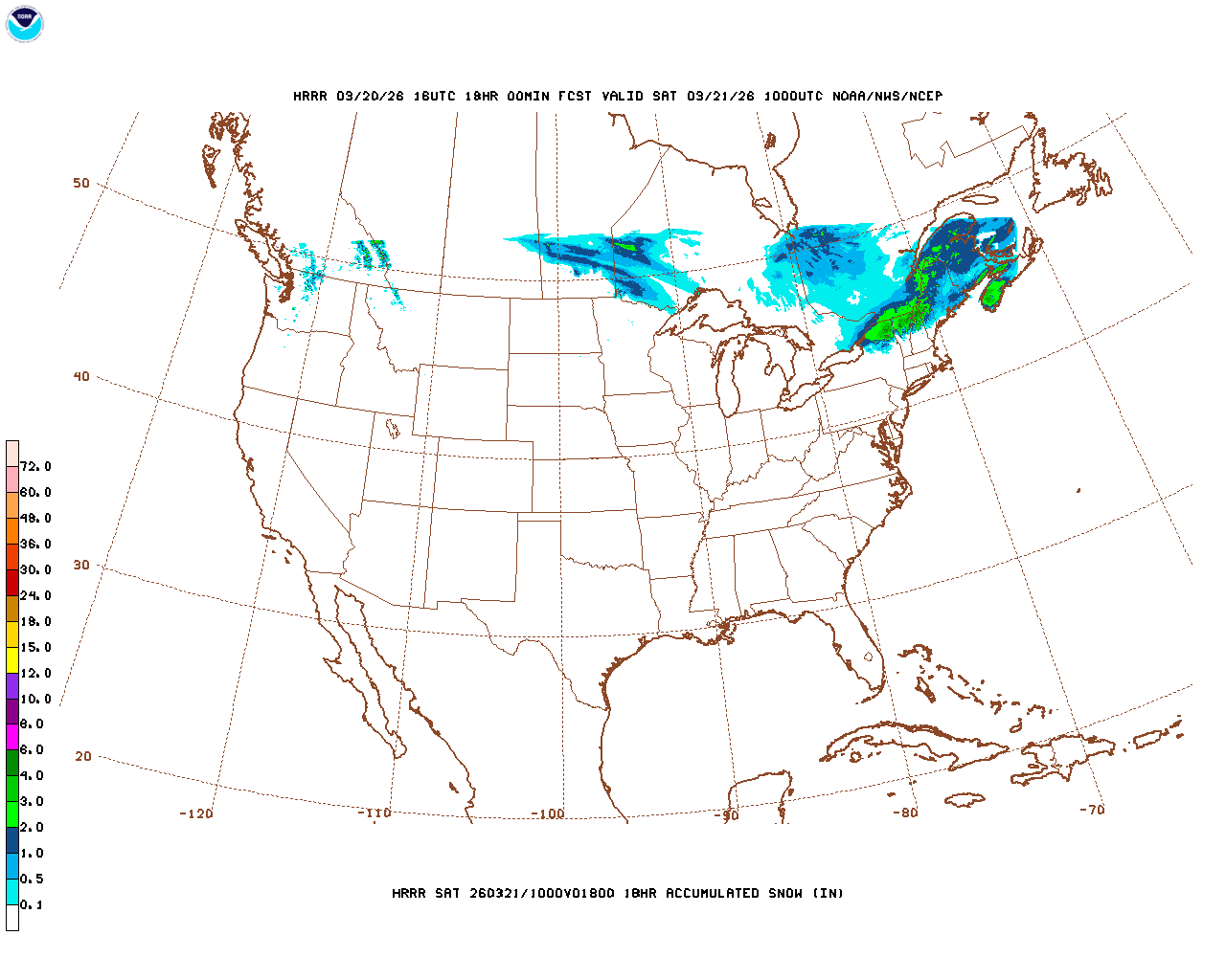 Click to enlarge the hourly snow forecast Latest 18 hour total precipitation forecast