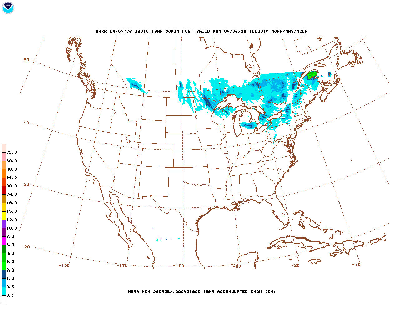 Click to enlarge the hourly snow forecast Latest 18 hour total precipitation forecast