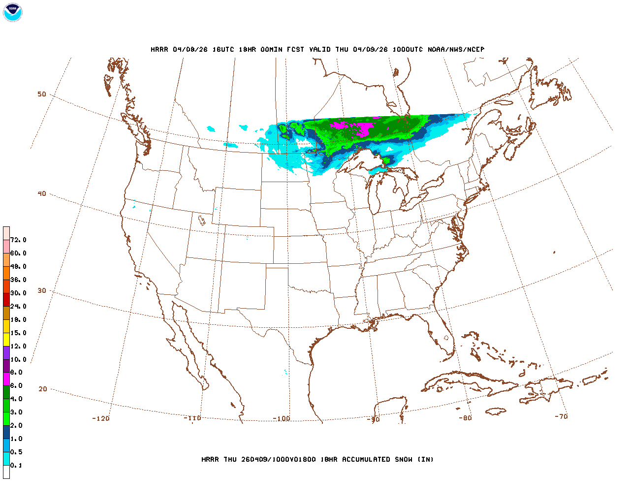 Click to enlarge the hourly snow forecast Latest 18 hour total precipitation forecast
