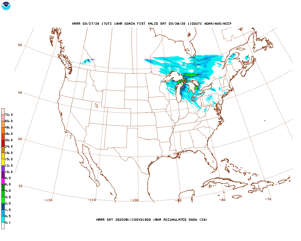 Click to enlarge the hourly snow forecast Latest 18 hour total precipitation forecast