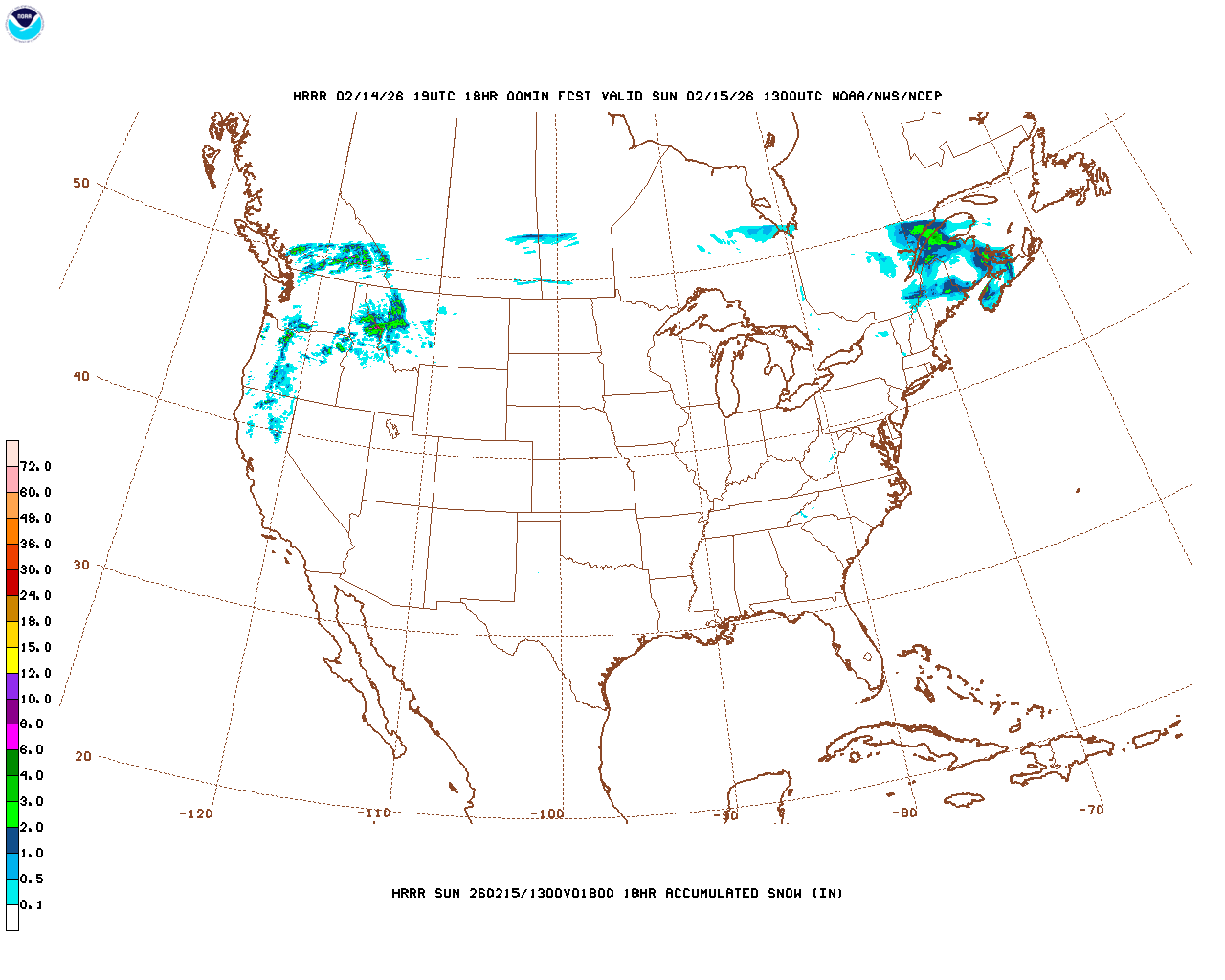 Click to enlarge the hourly snow forecast Latest 18 hour total precipitation forecast