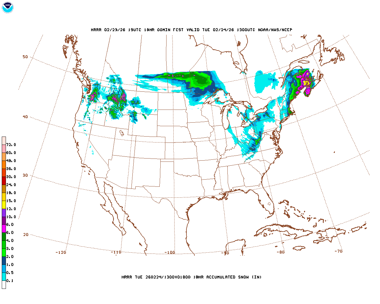 Click to enlarge the hourly snow forecast Latest 18 hour total precipitation forecast