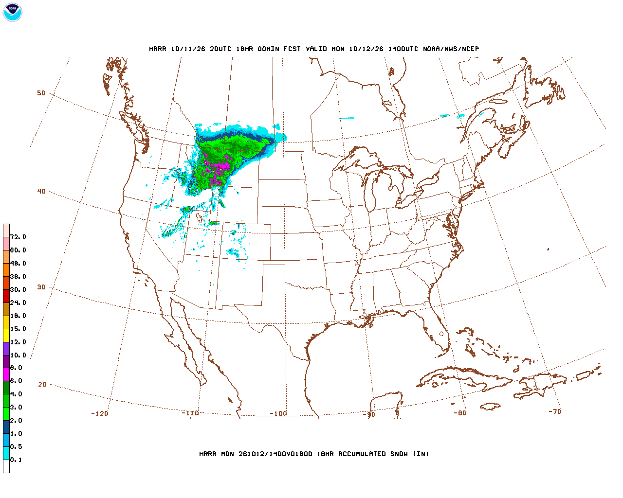 Click to enlarge the hourly snow forecast Latest 18 hour total precipitation forecast