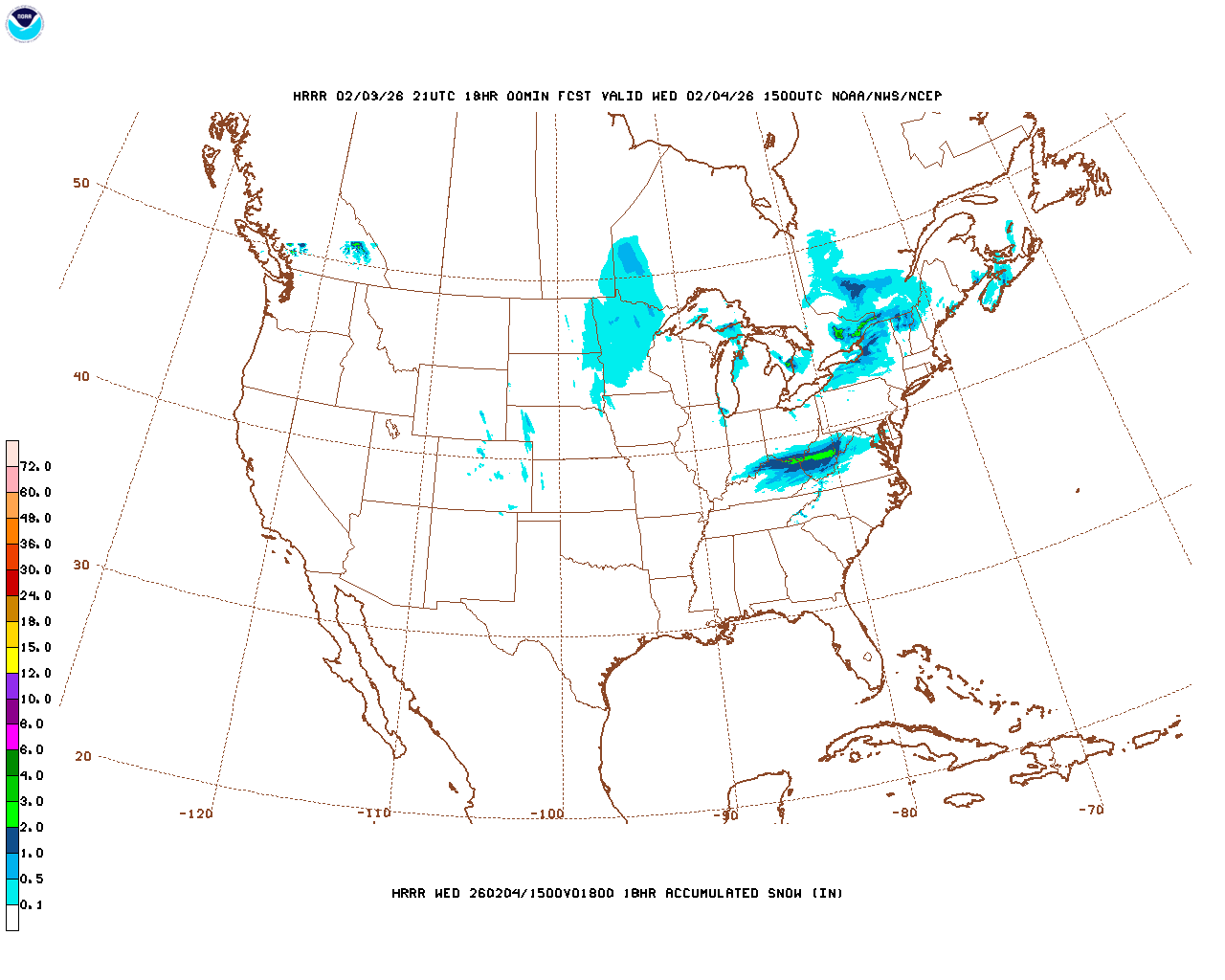 Click to enlarge the hourly snow forecast Latest 18 hour total precipitation forecast